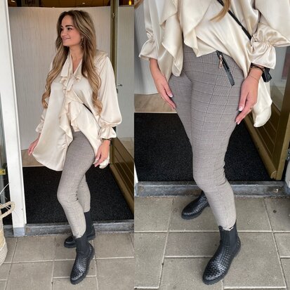 Diora Ruit broek/legging met ritjes - bruin