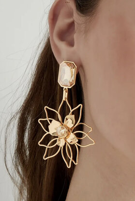 Sparkly oorbellen met bloemenhanger - goud