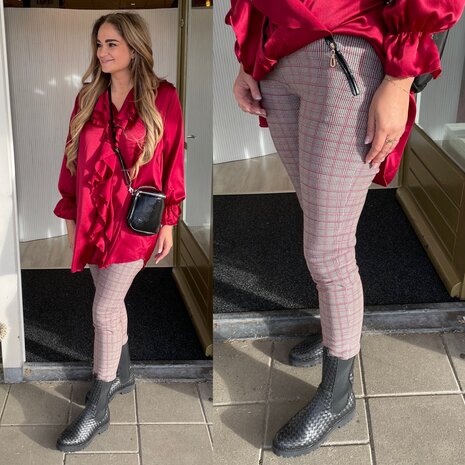 Diora Ruit broek/legging met ritjes - rood