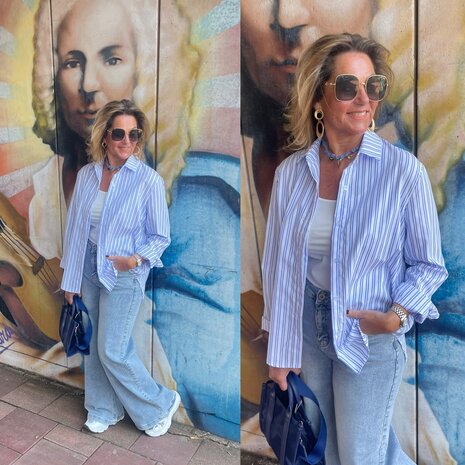 Sandra streep blouse - offwhite met blauwe strepen 0.1