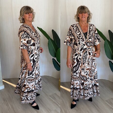 Nadia jurk taupe/offwhite/zwart