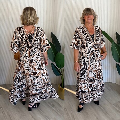 Nadia jurk taupe/offwhite/zwart