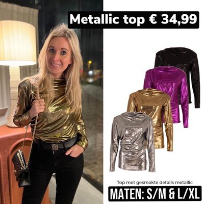 Azzurro top met gesmokte details metallic - zilver