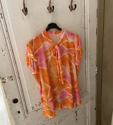 Sanna Strik Silk blouse motief print - oranje/roze
