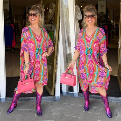 Mandy Leslie dress - camel/roze/paars