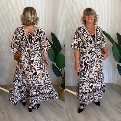 Nadia jurk taupe/offwhite/zwart